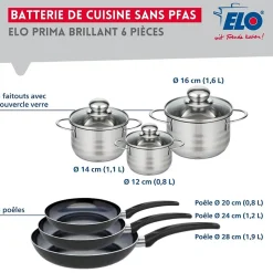 Ensemble de 3 Poêles de cuisson 20, 24 et 28 cm et 3 faitouts 12, 14 et 16 cm Elo Prima Brillant
