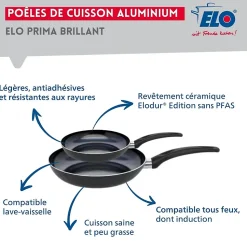 Ensemble de 2 Poêles de cuisson 20 et 28 cm et 3 faitouts 12, 14 et 16 cm Elo Prima Brillant