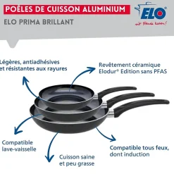 Ensemble de 3 Poêles de cuisson 24, 28 et 32 cm et 1 faitout 16 cm Elo Prima Brillant