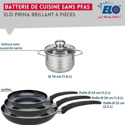 Ensemble de 3 Poêles de cuisson 24, 28 et 32 cm et 1 faitout 16 cm Elo Prima Brillant