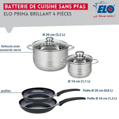 Ensemble de 2 Poêles de cuisson 20 et 24 cm et 2 faitouts 14 et 20 cm Elo Prima Brillant