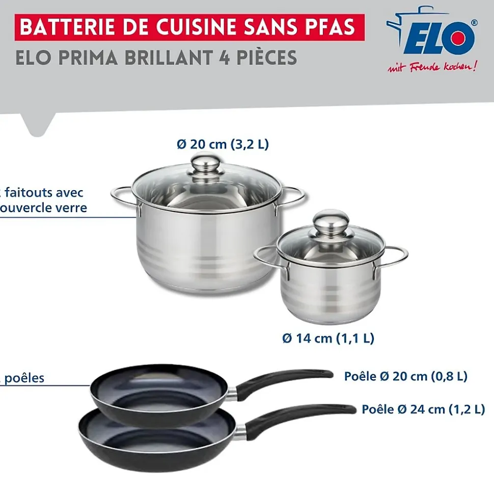 Ensemble de 2 Poêles de cuisson 20 et 24 cm et 2 faitouts 14 et 20 cm Elo Prima Brillant