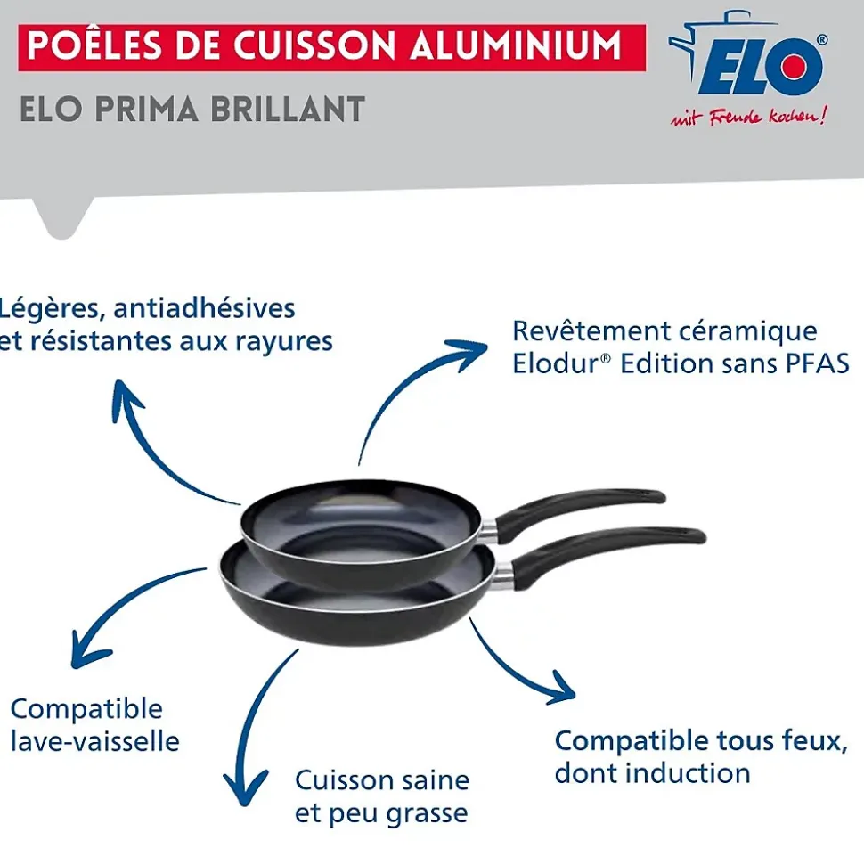 Ensemble de 2 Poêles de cuisson 20 et 24 cm et 2 faitouts 14 et 20 cm Elo Prima Brillant