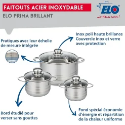Ensemble de 2 Poêles de cuisson 20 et 32 cm et 3 faitouts 14, 16 et 24 cm Elo Prima Brillant