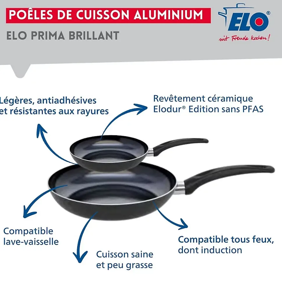 Ensemble de 2 Poêles de cuisson 20 et 32 cm et 3 faitouts 14, 16 et 24 cm Elo Prima Brillant