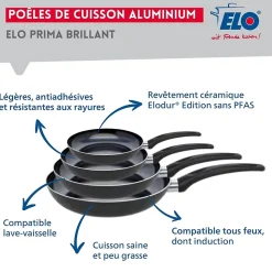 Ensemble de 4 Poêles de cuisson 20, 24, 28 et 32 cm et 2 faitouts 16 et 24 cm Elo Prima Brillant