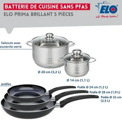 Ensemble de 3 Poêles de cuisson 24, 28 et 32 cm et 2 faitouts 14 et 20 cm Elo Prima Brillant