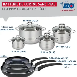 Ensemble de 3 Poêles de cuisson 24, 28 et 32 cm et 4 faitouts 12, 14, 16 et 20 cm Elo Prima Brillant