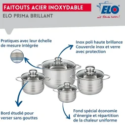 Ensemble de 3 Poêles de cuisson 24, 28 et 32 cm et 4 faitouts 12, 14, 16 et 20 cm Elo Prima Brillant