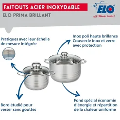 Ensemble de 3 Poêles de cuisson 20, 24 et 32 cm et 2 faitouts 16 et 20 cm Elo Prima Brillant