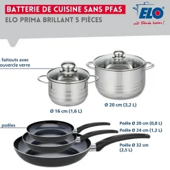 Ensemble de 3 Poêles de cuisson 20, 24 et 32 cm et 2 faitouts 16 et 20 cm Elo Prima Brillant