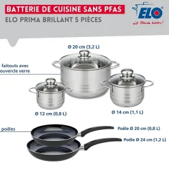 Ensemble de 2 Poêles de cuisson 20 et 24 cm et 3 faitouts 12, 14 et 20 cm Elo Prima Brillant
