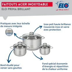 Ensemble de 2 Poêles de cuisson 20 et 24 cm et 3 faitouts 12, 14 et 20 cm Elo Prima Brillant