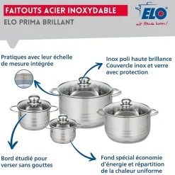 Ensemble de 3 Poêles de cuisson 20, 24 et 32 cm et 4 faitouts 12, 14, 20 et 24 cm Elo Prima Brillant