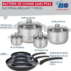 Ensemble de 3 Poêles de cuisson 20, 24 et 32 cm et 4 faitouts 12, 14, 20 et 24 cm Elo Prima Brillant