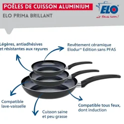 Ensemble de 3 Poêles de cuisson 20, 24 et 32 cm et 4 faitouts 12, 14, 20 et 24 cm Elo Prima Brillant