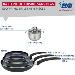 Ensemble de 3 Poêles de cuisson 24, 28 et 32 cm et 1 faitout 12 cm Elo Prima Brillant