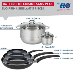Ensemble de 3 Poêles de cuisson 20, 28 et 32 cm et 2 faitouts 12 et 24 cm Elo Prima Brillant