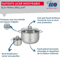 Ensemble de 3 Poêles de cuisson 20, 28 et 32 cm et 2 faitouts 12 et 24 cm Elo Prima Brillant