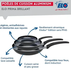 Ensemble de 3 Poêles de cuisson 20, 28 et 32 cm et 2 faitouts 12 et 24 cm Elo Prima Brillant