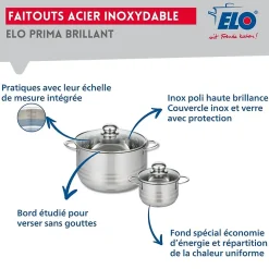 Ensemble de 3 Poêles de cuisson 20, 24 et 32 cm et 2 faitouts 12 et 20 cm Elo Prima Brillant