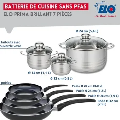 Ensemble de 4 Poêles de cuisson 20, 24, 28 et 32 cm et 3 faitouts 12, 14 et 24 cm Elo Prima Brillant