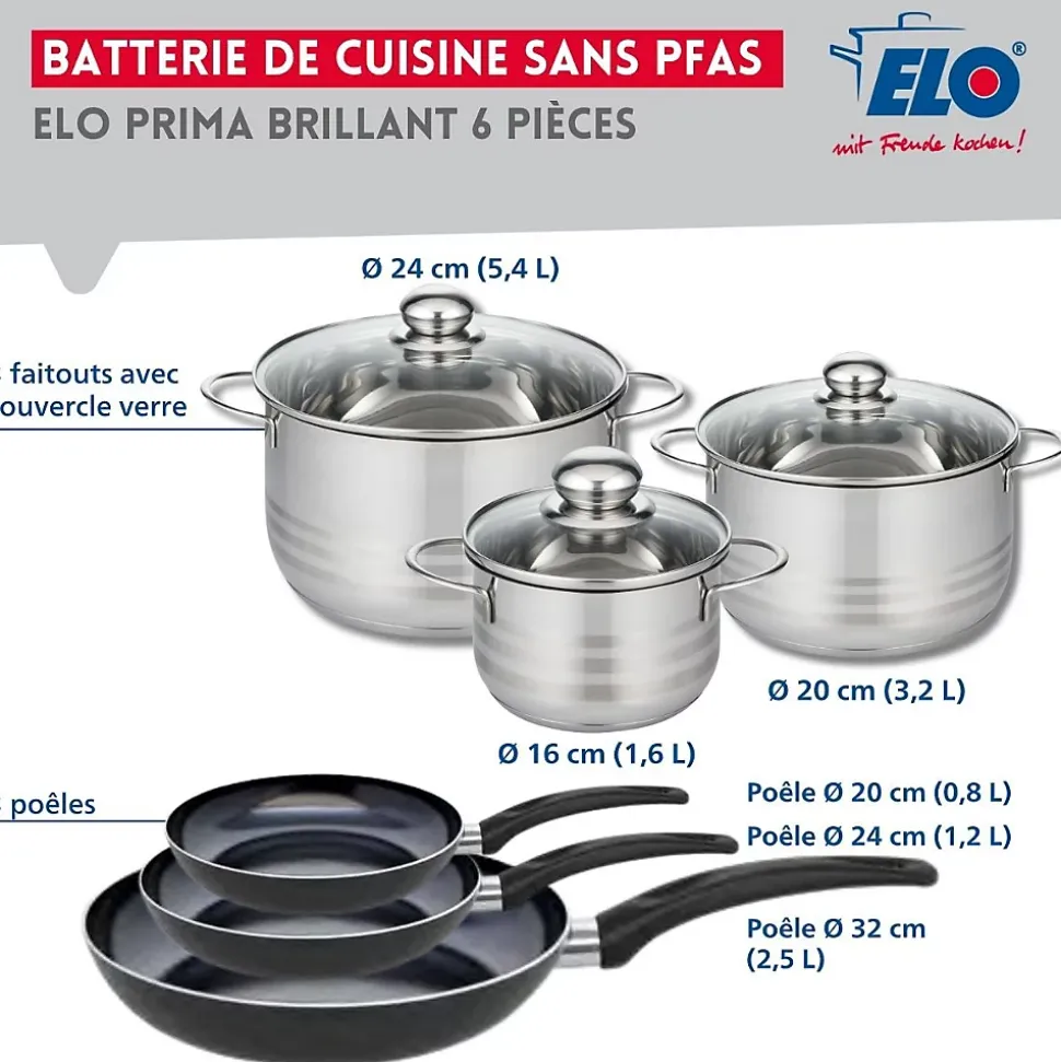 Ensemble de 3 Poêles de cuisson 20, 24 et 32 cm et 3 faitouts 16, 20 et 24 cm Elo Prima Brillant