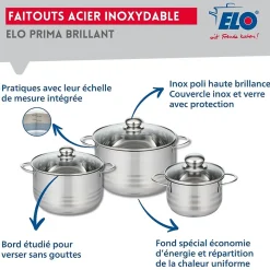 Ensemble de 3 Poêles de cuisson 20, 24 et 32 cm et 3 faitouts 16, 20 et 24 cm Elo Prima Brillant
