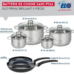 Ensemble de 2 Poêles de cuisson 24 et 28 cm et 4 faitouts 12, 14, 20 et 24 cm Elo Prima Brillant