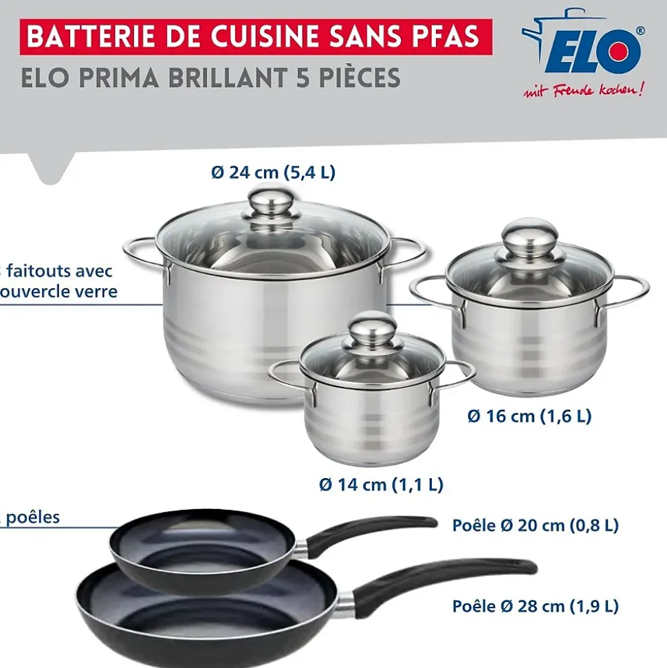 Ensemble de 2 Poêles de cuisson 20 et 28 cm et 3 faitouts 14, 16 et 24 cm Elo Prima Brillant