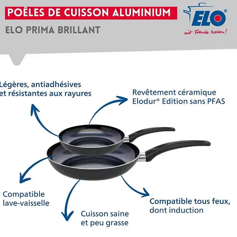 Ensemble de 2 Poêles de cuisson 20 et 28 cm et 3 faitouts 14, 16 et 24 cm Elo Prima Brillant