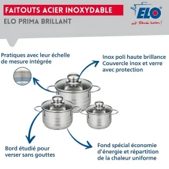 Ensemble de 2 Poêles de cuisson 24 et 32 cm et 3 faitouts 12, 14 et 16 cm Elo Prima Brillant