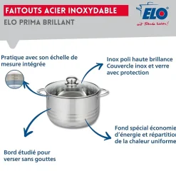 Ensemble de 3 Poêles de cuisson 20, 24 et 32 cm et 1 faitout 24 cm Elo Prima Brillant