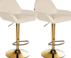 Ensemble de 2 tabourets de bar Braga en simili cuir, structure dorée, réglable en hauteur, pivotant 360, repose-pieds Crème
