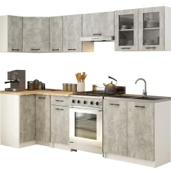 Ensemble de cuisine vitré AKORD OLIWIA 3.0m Blanc 300 cm 11 portes 1 tiroir façade Béton 300x46x203 cm