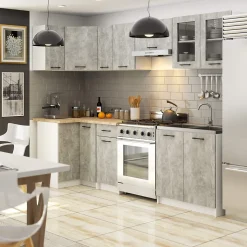 Ensemble de cuisine vitré AKORD OLIWIA 3.0m Blanc 300 cm 11 portes 1 tiroir façade Béton 300x46x203 cm