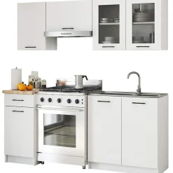 Ensemble de cuisine vitré AKORD OLIWIA 1.8m Blanc 180 cm 7 portes 1 tiroir façade Blanche 8 étagères 180x46x203 cm