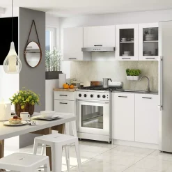 Ensemble de cuisine vitré AKORD OLIWIA 1.8m Blanc 180 cm 7 portes 1 tiroir façade Blanche 8 étagères 180x46x203 cm