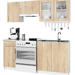 Ensemble de cuisine vitré AKORD LIMA 1.8m Blanc 180 cm 7 portes 1 tiroir façade Chêne Sonoma 8 étagères 180x44,5x203 cm