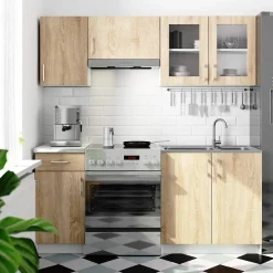 Ensemble de cuisine vitré AKORD LIMA 1.8m Blanc 180 cm 7 portes 1 tiroir façade Chêne Sonoma 8 étagères 180x44,5x203 cm