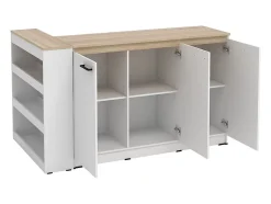 Ensemble îlot central de cuisine + 2 tabourets - Blanc et Naturel clair - NUSICE