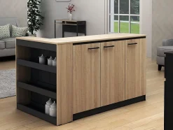 Ensemble îlot central de cuisine + 2 tabourets - Noir et naturel clair - NUSICE