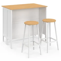 Ensemble table de bar îlot Achille et 2 tabourets bois blanc plateau façon hêtre