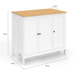 Ensemble table de bar îlot Achille et 2 tabourets bois blanc plateau façon hêtre