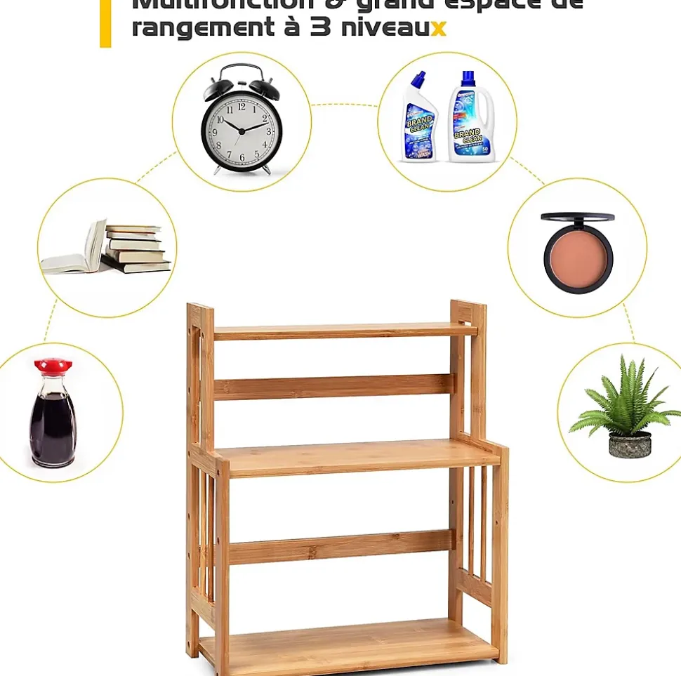 Etagere a Epices en Bambou Naturel,Porte-Epice a 3 Niveaux avec Tablette en Hauteur, pour Cuisine et Salle de Bain, 41.5x18x50CM