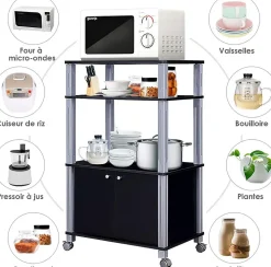 Etagere de Cuisine Etagere de Micro Ondes et Four en MDF Robuste Meuble Rangement a roulettes avec Tiroir Noir