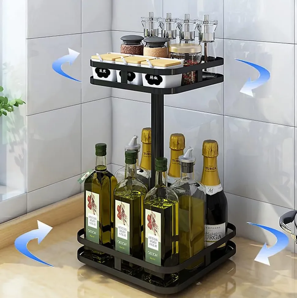 Etagère Porte-épices carré Rotatif à 360 2 Niveaux noir