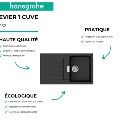 Evier 1 bac 840 HANSGROHE S52 synthèse noir + robinet de cuisine HANSGROHE Vernis Blend M35 210 noir mat