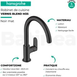 Evier 1 bac 980 HANSGROHE S52 synthèse noir + robinet de cuisine HANSGROHE Vernis Blend M35 210 noir mat