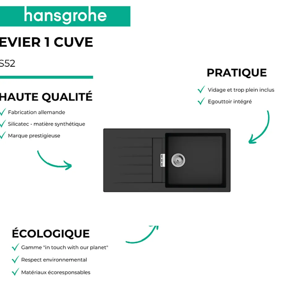 Evier 1 bac 980 HANSGROHE S52 synthèse noir + robinet de cuisine HANSGROHE Logis M31 120 chromé